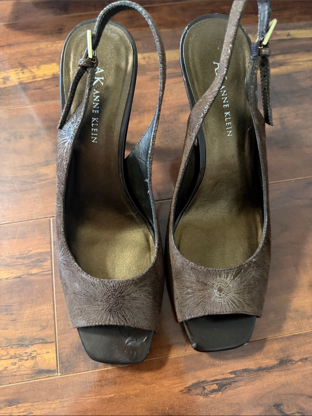 Anne Klein Brown Suede Slingback Peep-Toe Heels with Embroidered Detail